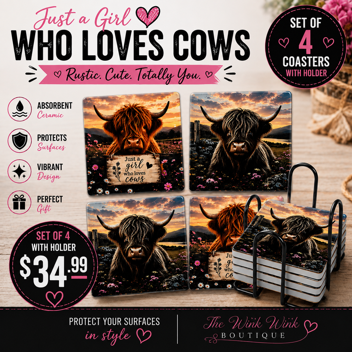 Highland Cow Ceramic Coaster Set of 4 with Holder