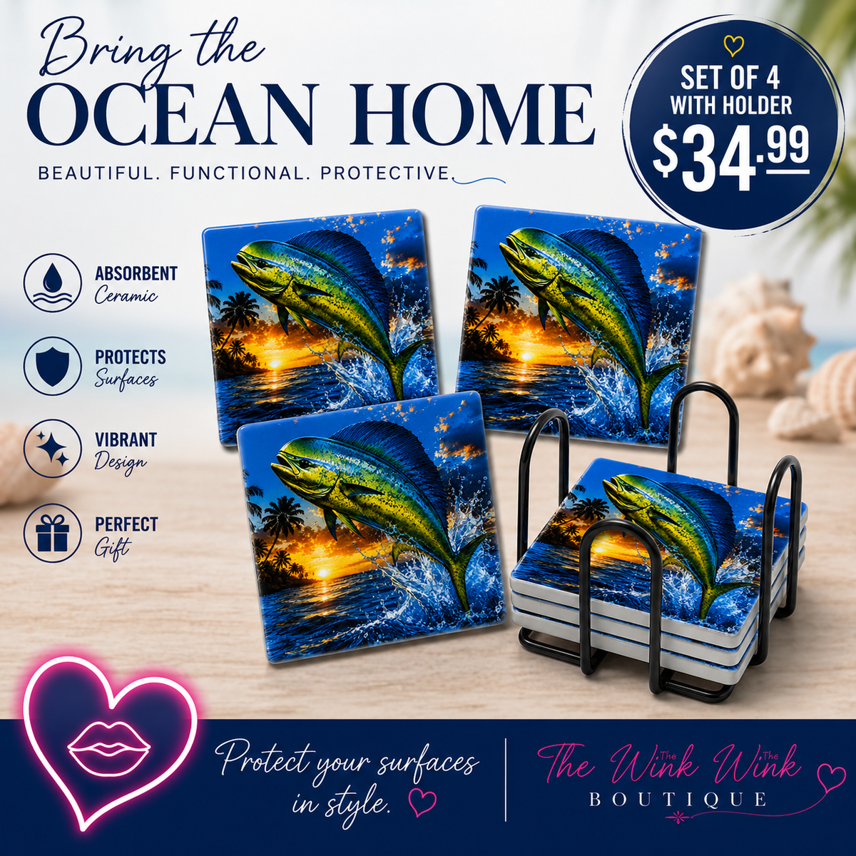 Mahi-Mahi Ceramic Coaster Set with Holder