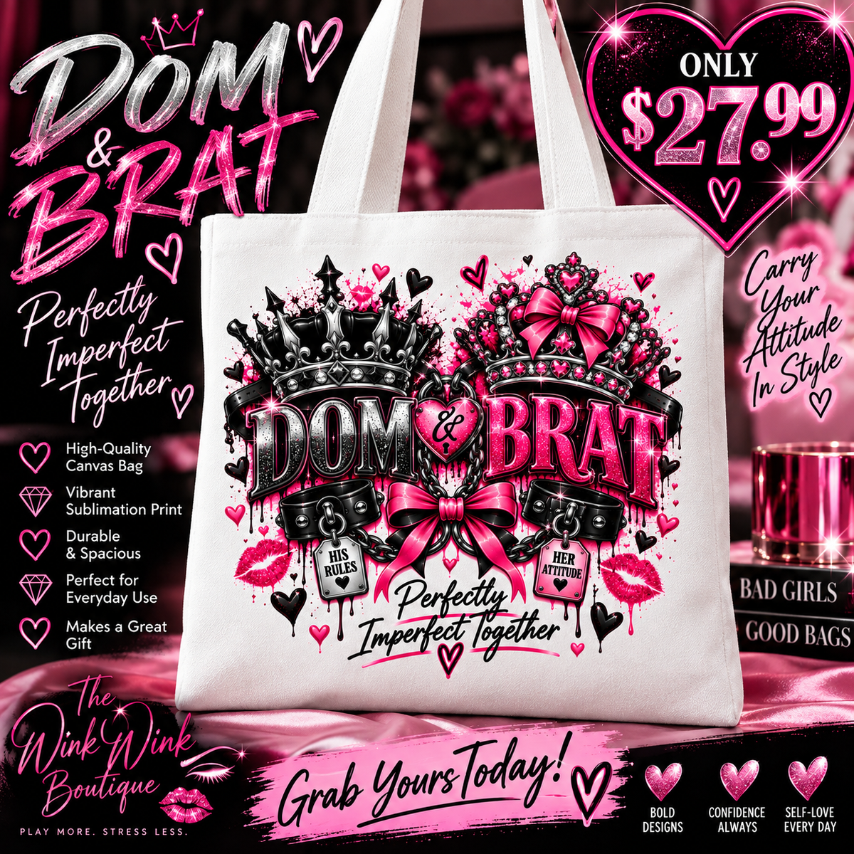 DOM & BRAT “Perfectly Imperfect Together” Canvas Tote Bag
