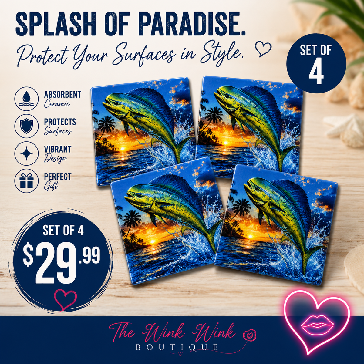 Mahi-Mahi Tropical Ceramic Coaster Set of 4