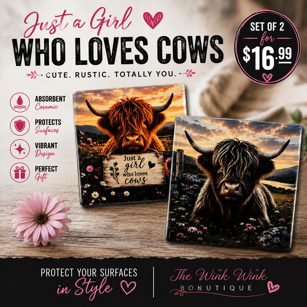Highland Cow Ceramic Coaster Set of 2