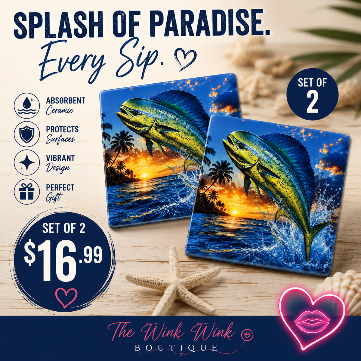Mahi-Mahi Tropical Ceramic Coaster Set of 2