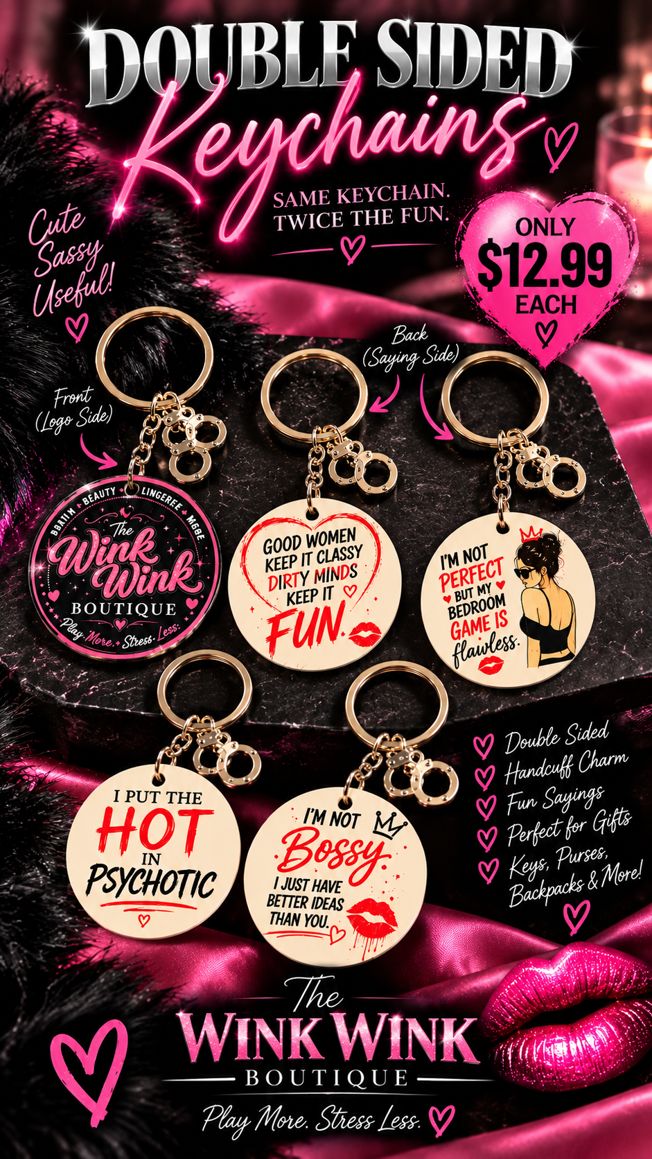 Double-Sided Sassy Keychain with Handcuff Charm