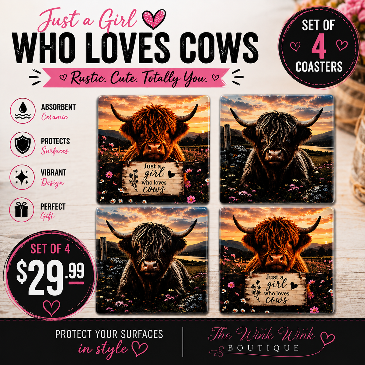 Just a Girl Who Loves Cows Ceramic Coaster Set of 4