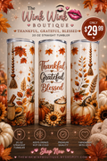 🍂 Thankful • Grateful • Blessed 20 oz Straight Tumbler 🧡